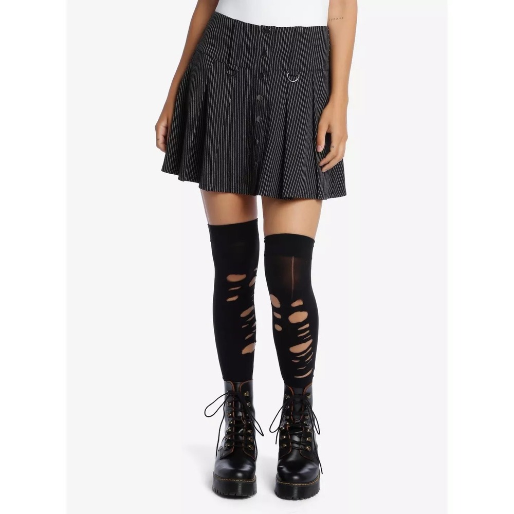 Hot Topic Women Grunge Skirt XS Black Pinstripe Pleated Mini D-Ring Button Front